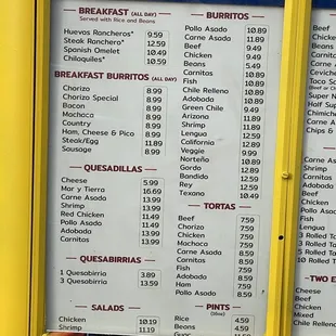 Menu July 2023- Breakfast, Burritos, Quesadillas, Tortas &amp; Salads