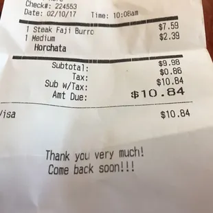 a receipt for a burrito