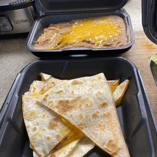 Cheese quesadilla and pint of pinto beans yum