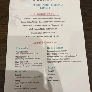 Election Night Sneak Peak Menu