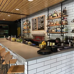 a bar with a long counter