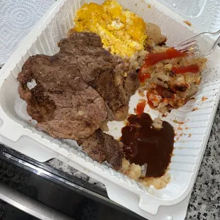 Rib Eye Steak with 2 Eggs &amp; Home Fries. I started digging in before the pic lol
