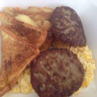 French toast, scrambled eggs and sausage $9.95