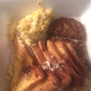 French toast scramble eggs sausage. So good. Definitely the eggs love the texture