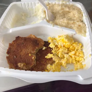 Salmon cakes scramble eggs and grits the worst ever