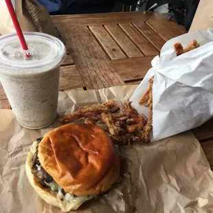 Oreo milk Shake, The Mushroom Burger, Sweet Potato Fries