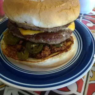 The amazing Carolina chilli cheese burger with added jalapenos