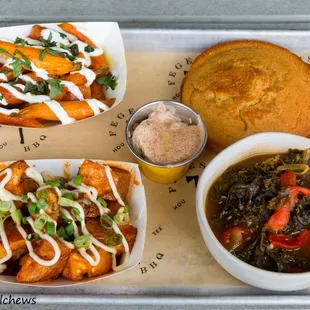 Moroccan Spiced Carrots, Hogfat Cornbread, Spicy Korean Braised Greens, Money Cat Potatoes