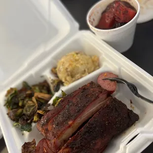 Ribs, Smoked sausage, Brussel sprouts, loaded mashed, burnt ends