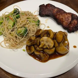 Vegetable Chow Mein Fun teriyaki chicken stick &amp; mushrooms in oyster sauce