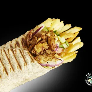 The Ultimate Mediterranean Burrito. 1/2 pound of chicken Sahawarma. Your choice Regular or Spicy Chicken