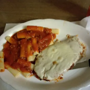 Chicken Parmesan, Rigatoni with meat sauce