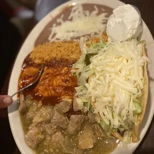 Chile Verde, beer taco and cheese enchilada combo plate