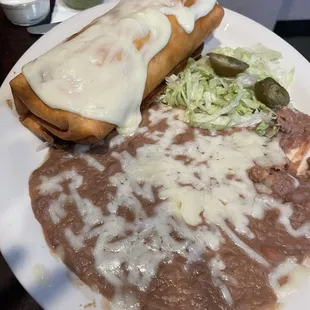 Chicken Chimichanga and all refried beans