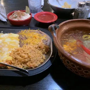 a meal of rice, beans, and eggs