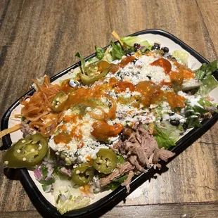 Tortilla Salad with Carnitas (and the kitchen sink)