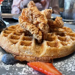 Blueberry lemon waffle and fried chicken.