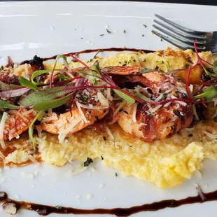 Bacon wrapped shrimp and Manchego grits