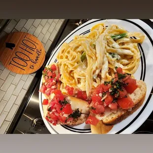 Asparagus pasta dish and brushetta