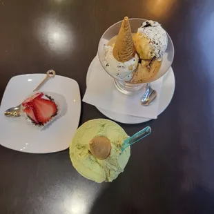 Mini strawberry fruit tarte, pistachio ice cream and afogato with straetallia ice cream