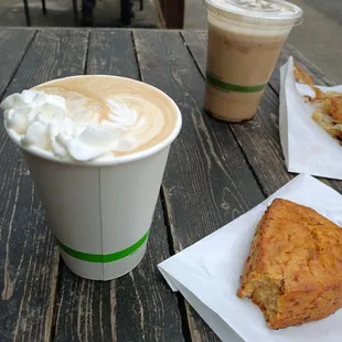Carmel latte and bacon cheddar scone