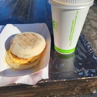 Spicy chorizo breakfast sandwich and a latte