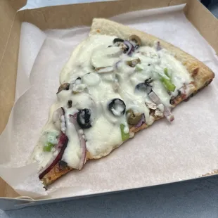 Vegetarian Slice: Mushrooms, Onions, Green Peppers, Fresh Garlic, Green and Black Olives, Extra Cheese,