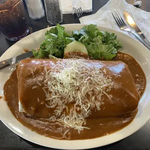 Shredded chicken wet burrito with gravy.