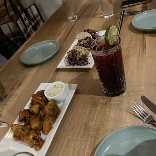 Cauliflower wings and fried avocado tacos