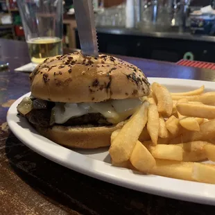 Mushroom Swiss burger - Served with fries and a pickle (not pictured).