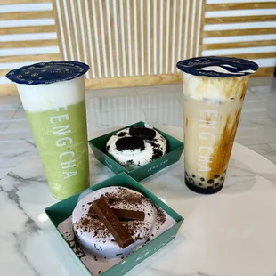 Matcha Breeze, Dirty Boba, Oreo Cheese, Taro Chocolate
