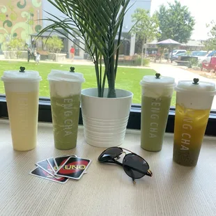Left to right: Mango breeze, matcha breeze, matcha latte, kiwi basil green tea. All with cheese foam