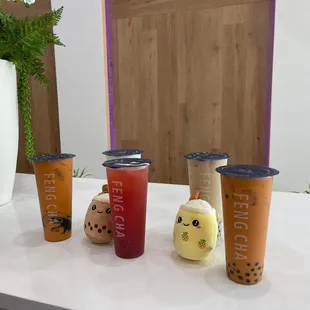 a variety of drinks on a counter