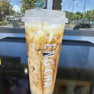 Crème brûlée dirty boba with black tea