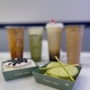 Dirty Caffe Latte, Matcha Breeze, Creme Brulee Dirty Boba, Coffee Milk Tea + Sea Salt Pearl Cake &amp; Matcha Love Cake // ig: @_gigieats