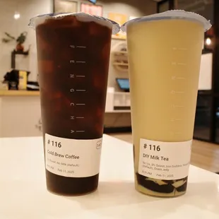 Cold Brew Coffee (L) and Iron Goddess Milk Tea, with Grass Jelly, 0% sweet, no ice (R)