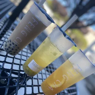 Regular Milk tea, kiwi basil seed tea &amp; citrus orange tea