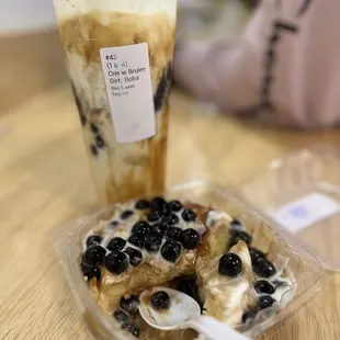 Crème brûlée dirty boba and cake