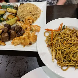 Hibachi Steak, chicken and shrimp and noodles