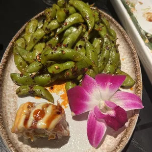 Angry Bird Sushi and Spicy Edamame