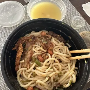 Crispy pork noodles all mixed up