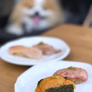 COVID OUTDOOR DINING: Nigiri A La Carte - Santa Barbara Uni ($8), Chu Toro ($9 x2), Hamachi Toro ($5)