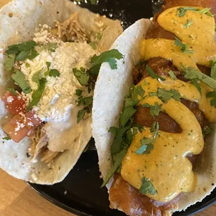 Chicken Tinga Taco and Pescado Frito Taco
