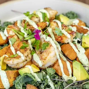 a salad with shrimp and avocado