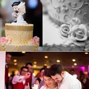 a bride and groom cutting their wedding cake