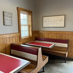 red and white booths