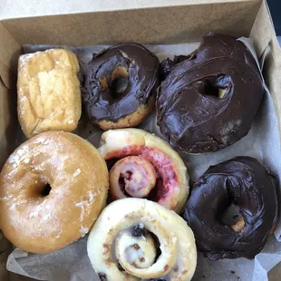 Glazed, Jelly Filled, Chocolate frosted (cake and regular), Raisin &amp; Raspberry Danish