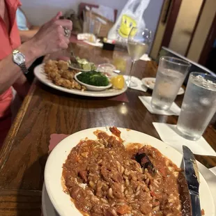 Fried oysters (top of the photo) and red beans and rice (bottom of the photo). Our plates were empty when we finished eating.