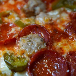 Pepperoni, jalapeños, Italian sausage and mushroom build your own with red sauce. Mmm. @coreyd123 on ig for photography needs!