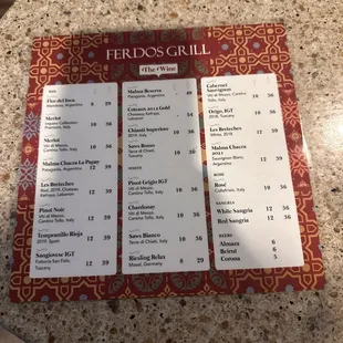 Drink menu